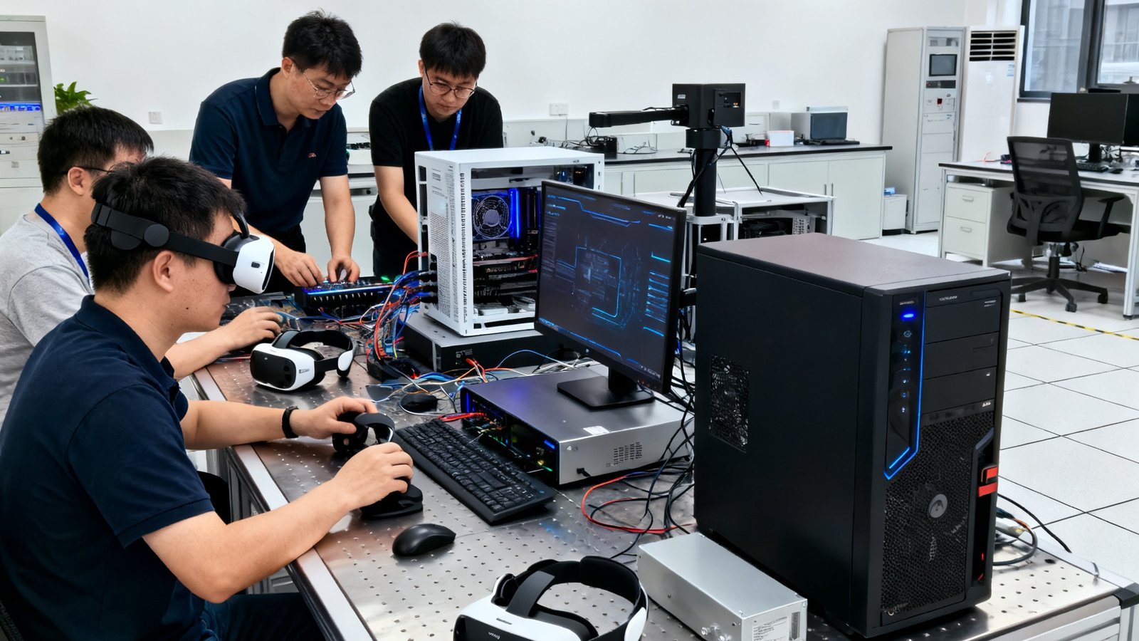 OG视讯武汉研发中心新址启用仪式现场，宽敞明亮的实验室内工程师们正在调试新一代虚拟仿真视讯系统，实验台上摆放着VR头显和高性能计算设备，墙上挂着庆祝乔迁的横幅。